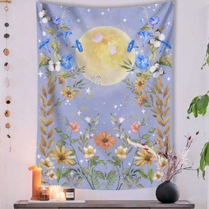 Moon and Stars Surrounded by Vines and Flowers Blue Wall Decor Tapestry 36"×48"